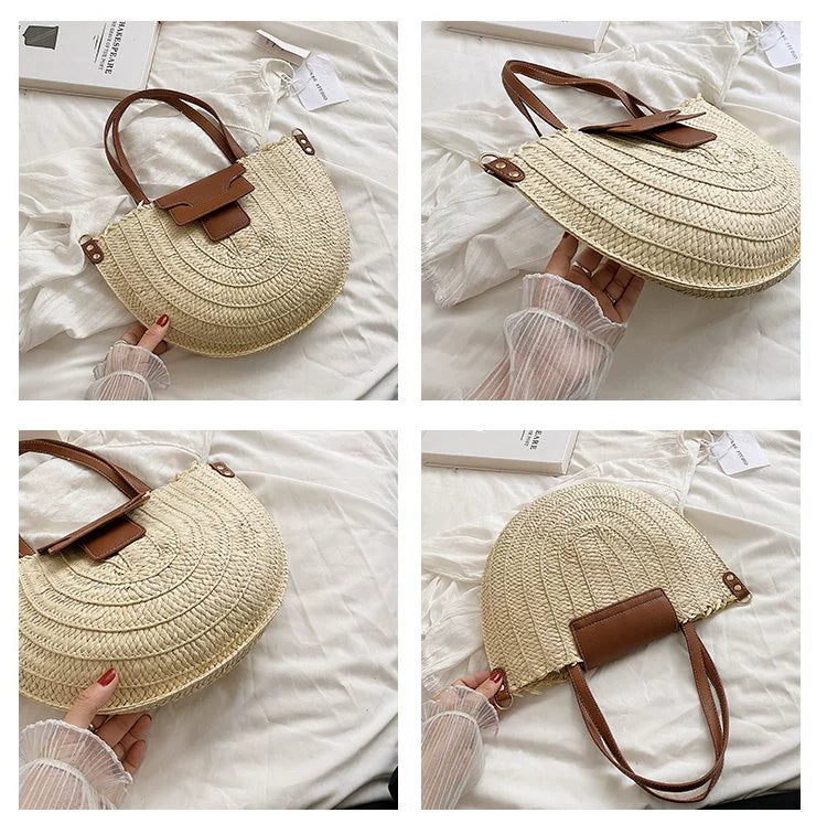 French Style Retro Straw Bag Semicircle Underarm Shoulder Messenger Bag Seaside Vacation Beach Woven Bag