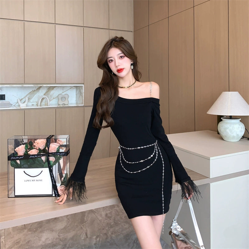 2023 New Sexy Black Slim-Fit Long Sleeve Dress