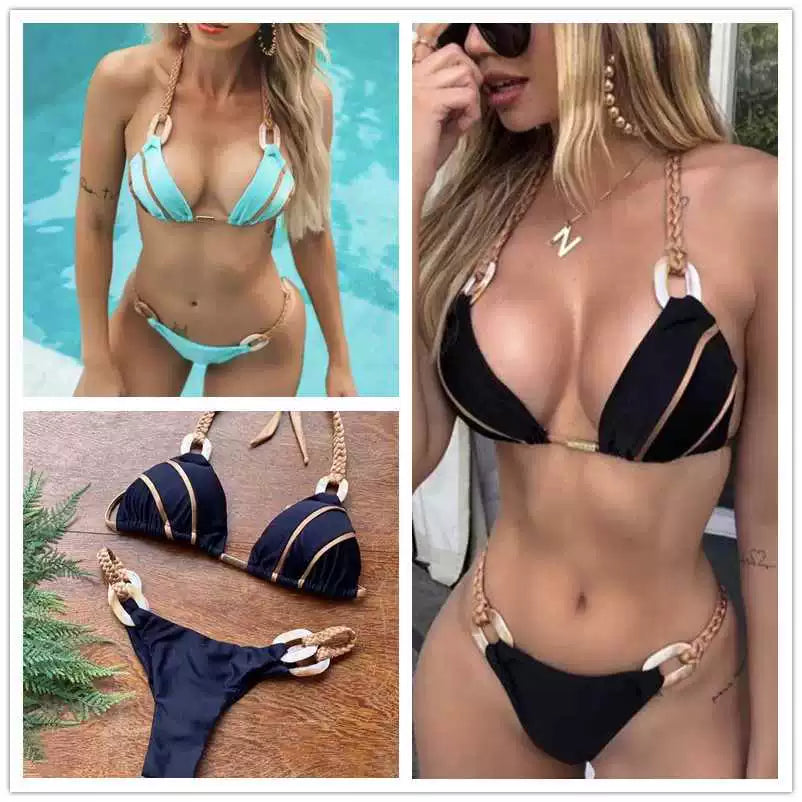 Hot Spring Bathing Suit 2020 New Solid Color Lace-up Bikini European and American Ins Sexy Halter Swimsuit Beach Bikini