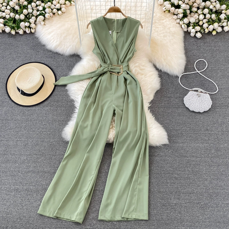 K-style V Neck High Waist Fashion Casual Drooping Wide Leg Pants
