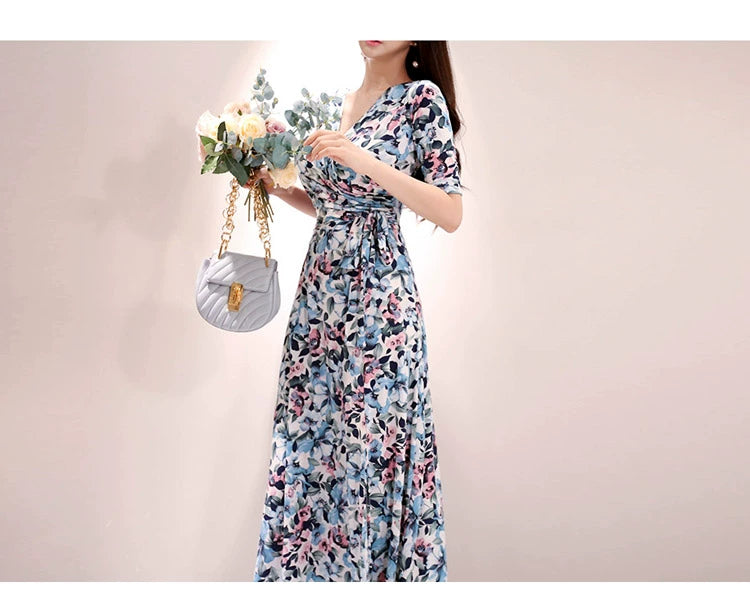 New Spring and Summer One-Piece Print Dress Shoelace Fashion Long Skirt Slim Looking High Elegant V Neck Slim Dress