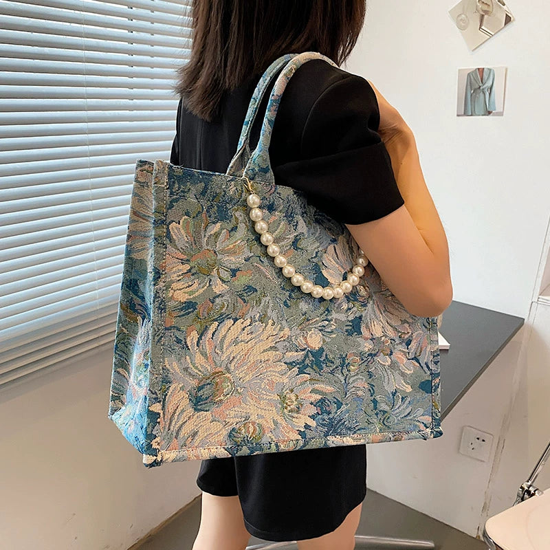 Monet Garden Oil Painting Tote Bag Women 2024 New Trendy Large Capacity Niche Commuter Embroidery Portable Shoulder Bag