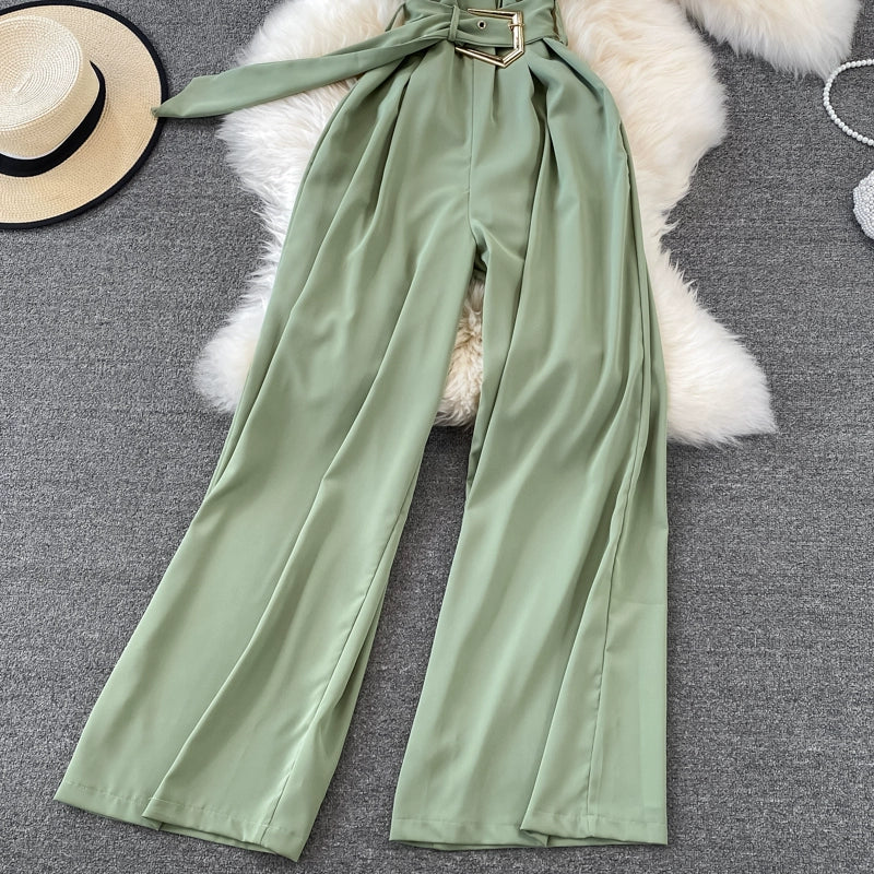 K-style V Neck High Waist Fashion Casual Drooping Wide Leg Pants