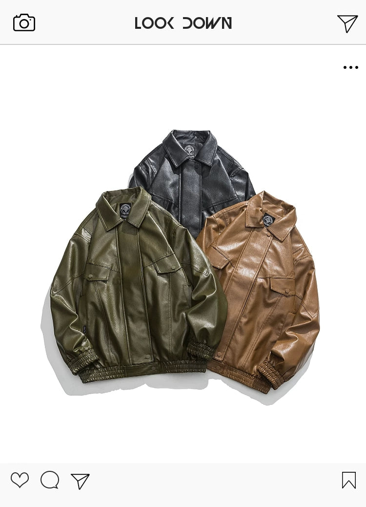 American Fashion Brand Retro Biker's PU Leather Coat Jacket Men's Autumn Leisure Loose Lapels Couple Coat Japanese Style Tops
