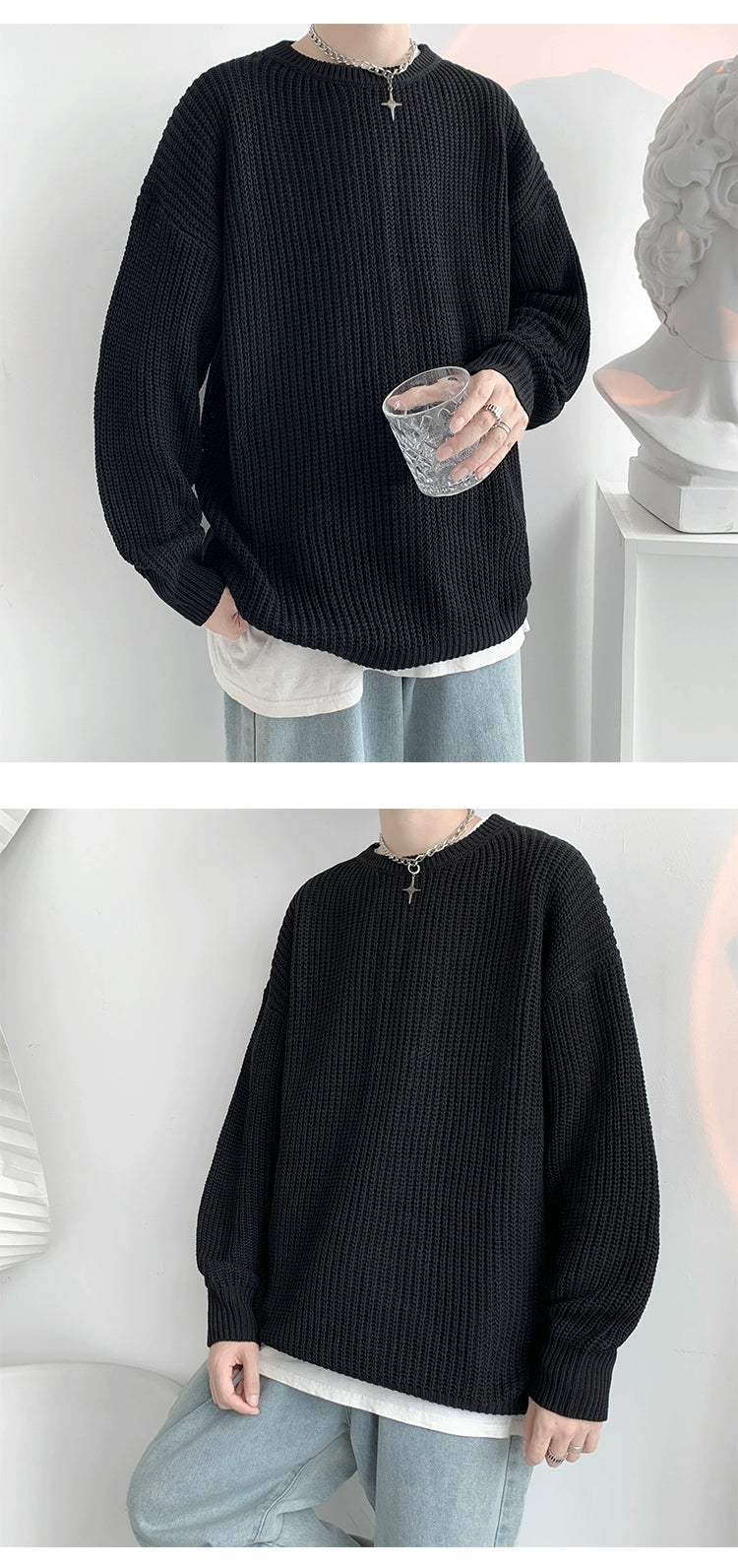 Hong Kong Style Sweater Men's Loose and Lazy Style Ins Casual Solid Color Sweater Japanese-Style Retro Student All-Matching Sweater