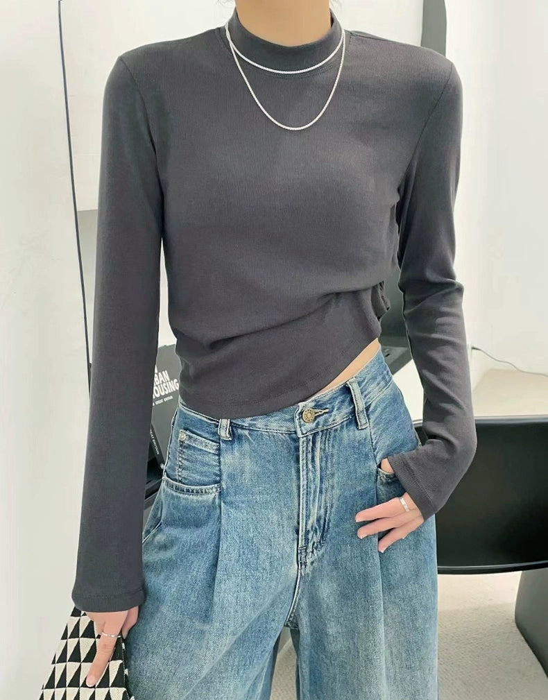 Fall and Winter Elastic Threaded Long Sleeve Silm Short Bottoming Shirt