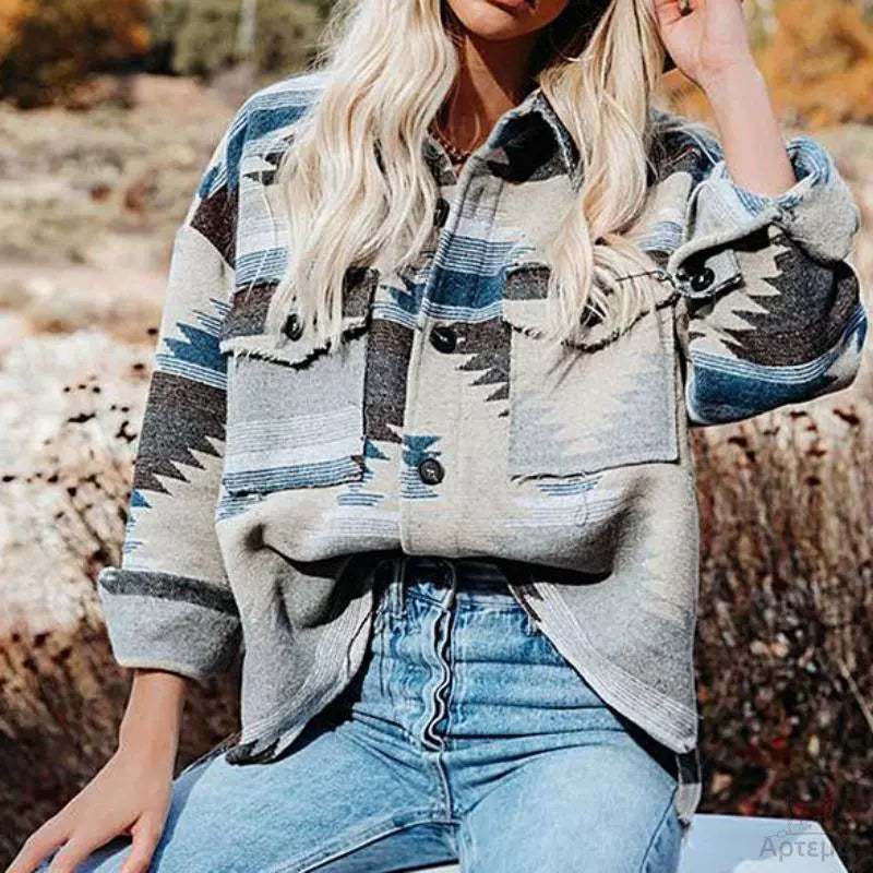 Women's Vintage Geometric Printed Long-Sleeve Woolen Cardigan
