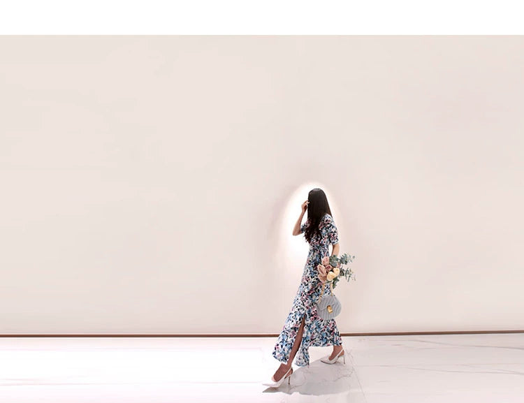 New Spring and Summer One-Piece Print Dress Shoelace Fashion Long Skirt Slim Looking High Elegant V Neck Slim Dress