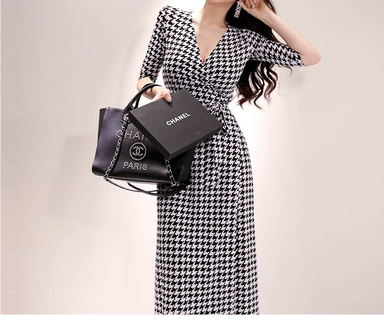 New Spring and Summer One-Piece Print Dress Shoelace Fashion Long Skirt Slim Looking High Elegant V Neck Slim Dress