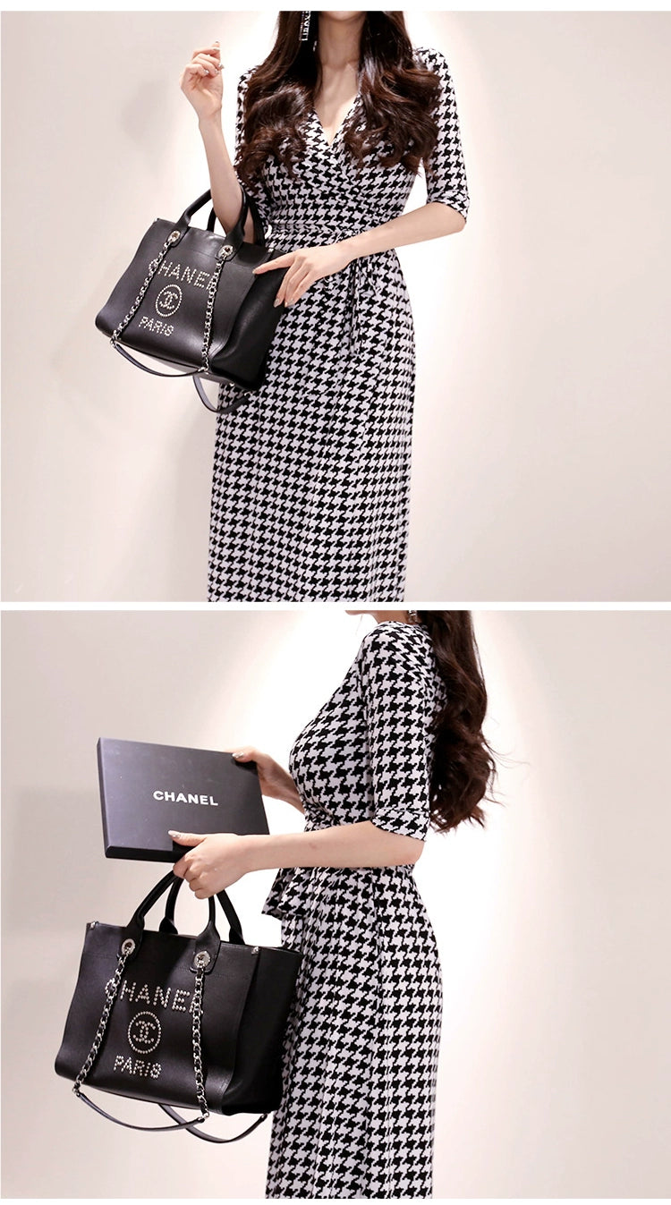 New Spring and Summer One-Piece Print Dress Shoelace Fashion Long Skirt Slim Looking High Elegant V Neck Slim Dress