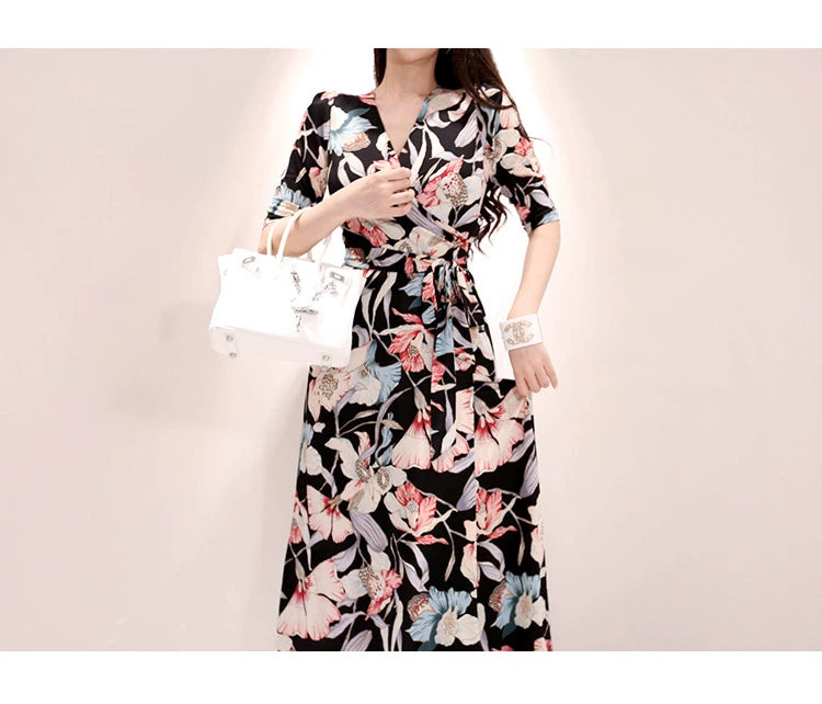 New Spring and Summer One-Piece Print Dress Shoelace Fashion Long Skirt Slim Looking High Elegant V Neck Slim Dress