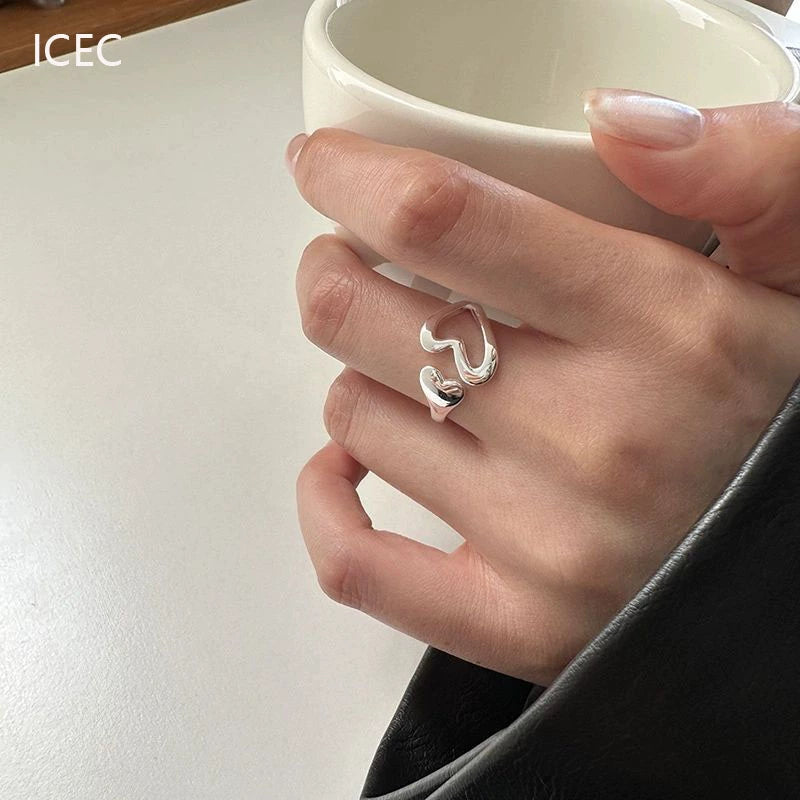 S925 Sterling Silver Heart-Shaped Hollow Ring Korean Series Simple Cold Style Niche Design Open Adjustable Diet Finger Ring