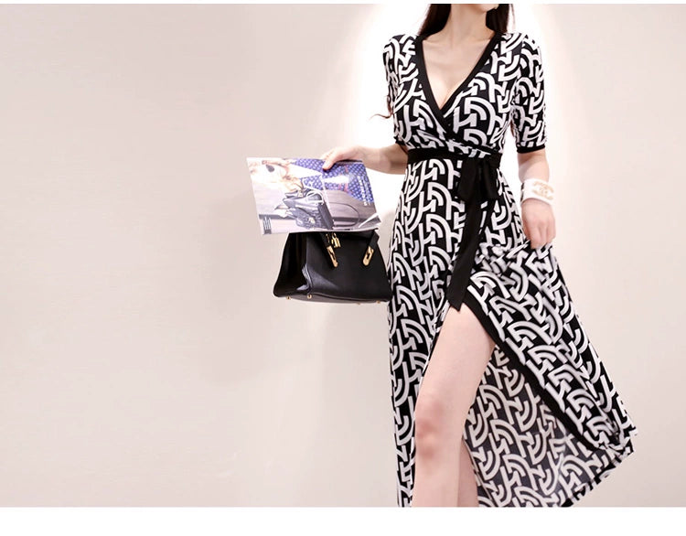 New Spring and Summer One-Piece Print Dress Shoelace Fashion Long Skirt Slim Looking High Elegant V Neck Slim Dress