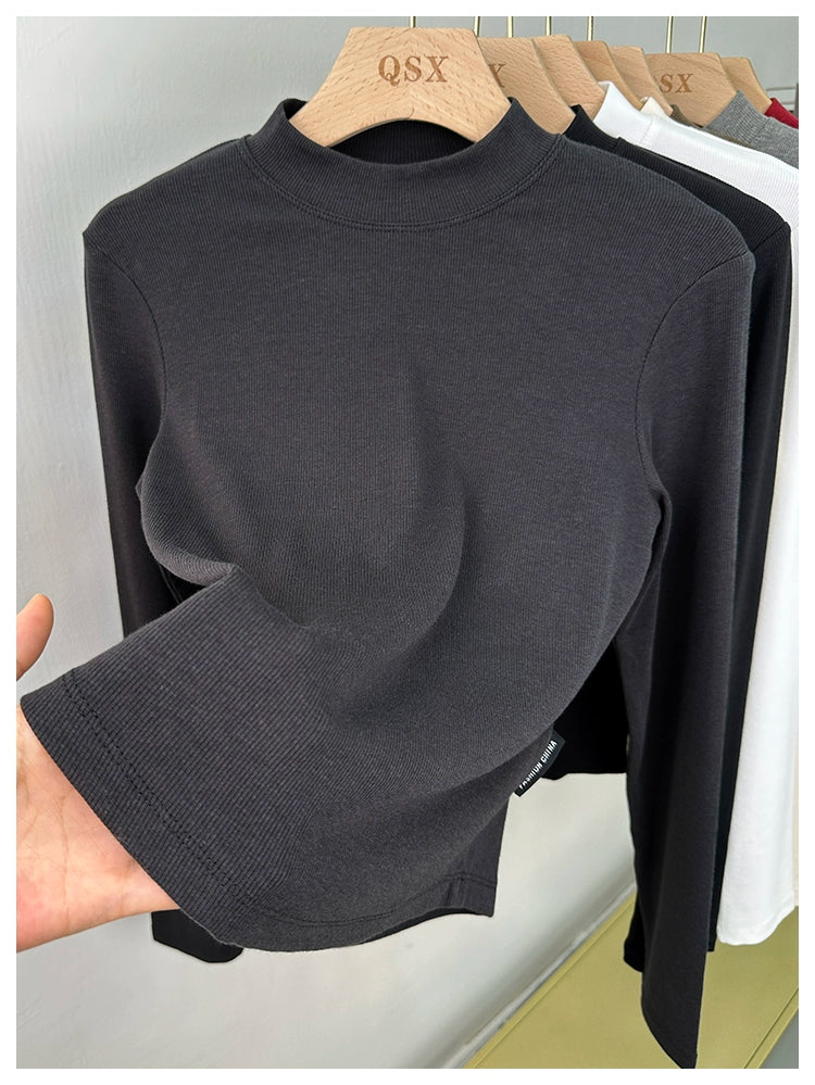 Fall and Winter Elastic Threaded Long Sleeve Silm Short Bottoming Shirt