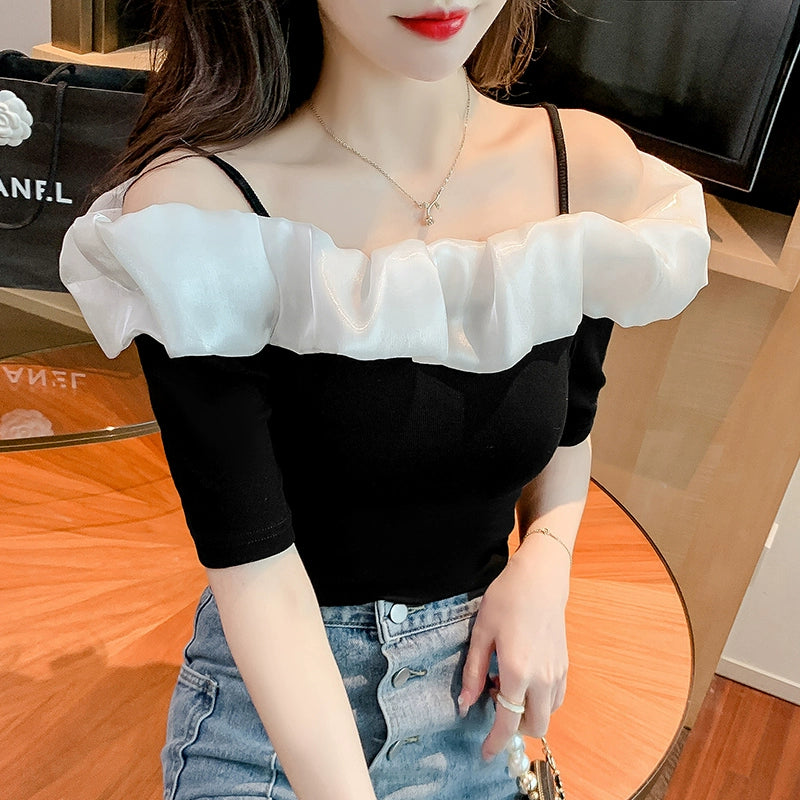 Summer Sexy T-shirt Collarbone off-Shoulder Top Short Sleeve