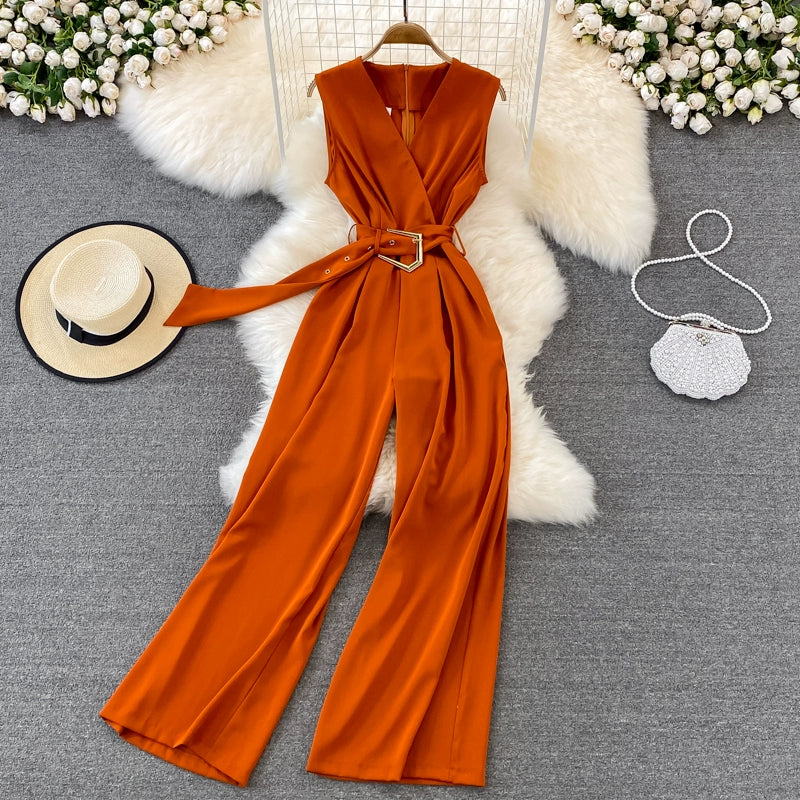 K-style V Neck High Waist Fashion Casual Drooping Wide Leg Pants