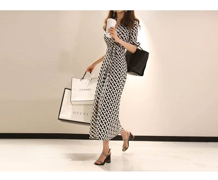 New Spring and Summer One-Piece Print Dress Shoelace Fashion Long Skirt Slim Looking High Elegant V Neck Slim Dress