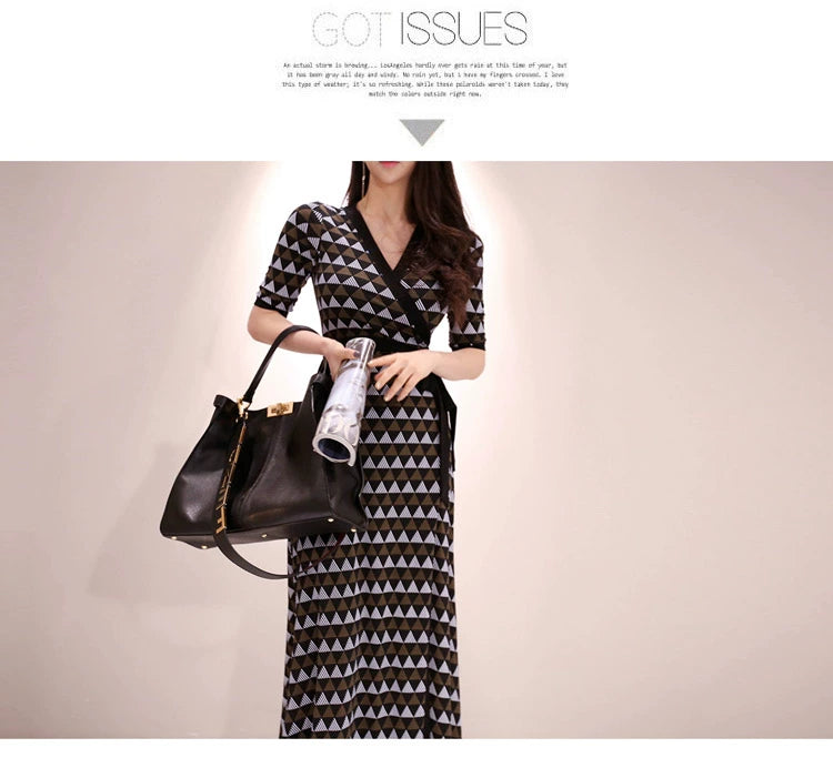 New Spring and Summer One-Piece Print Dress Shoelace Fashion Long Skirt Slim Looking High Elegant V Neck Slim Dress