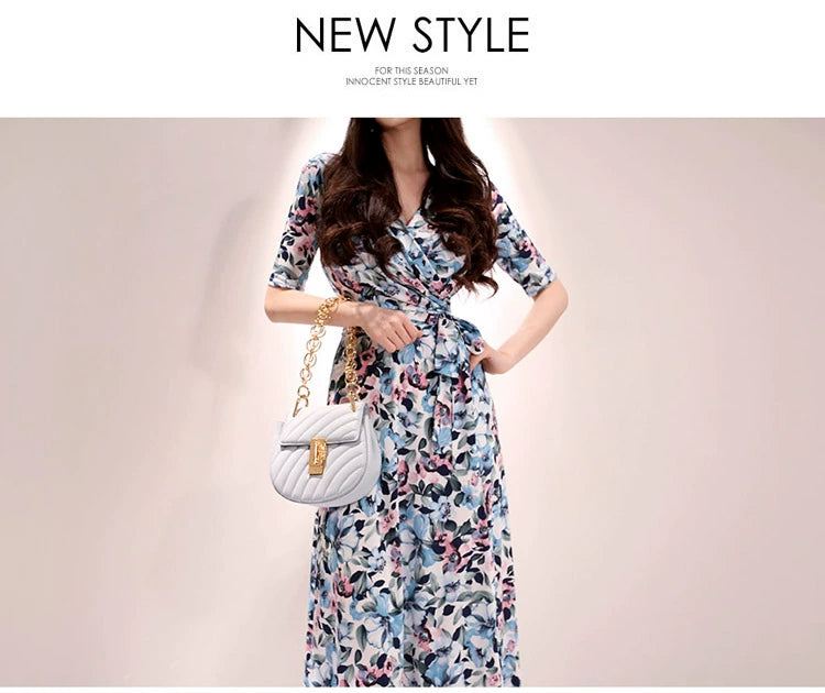 New Spring and Summer One-Piece Print Dress Shoelace Fashion Long Skirt Slim Looking High Elegant V Neck Slim Dress