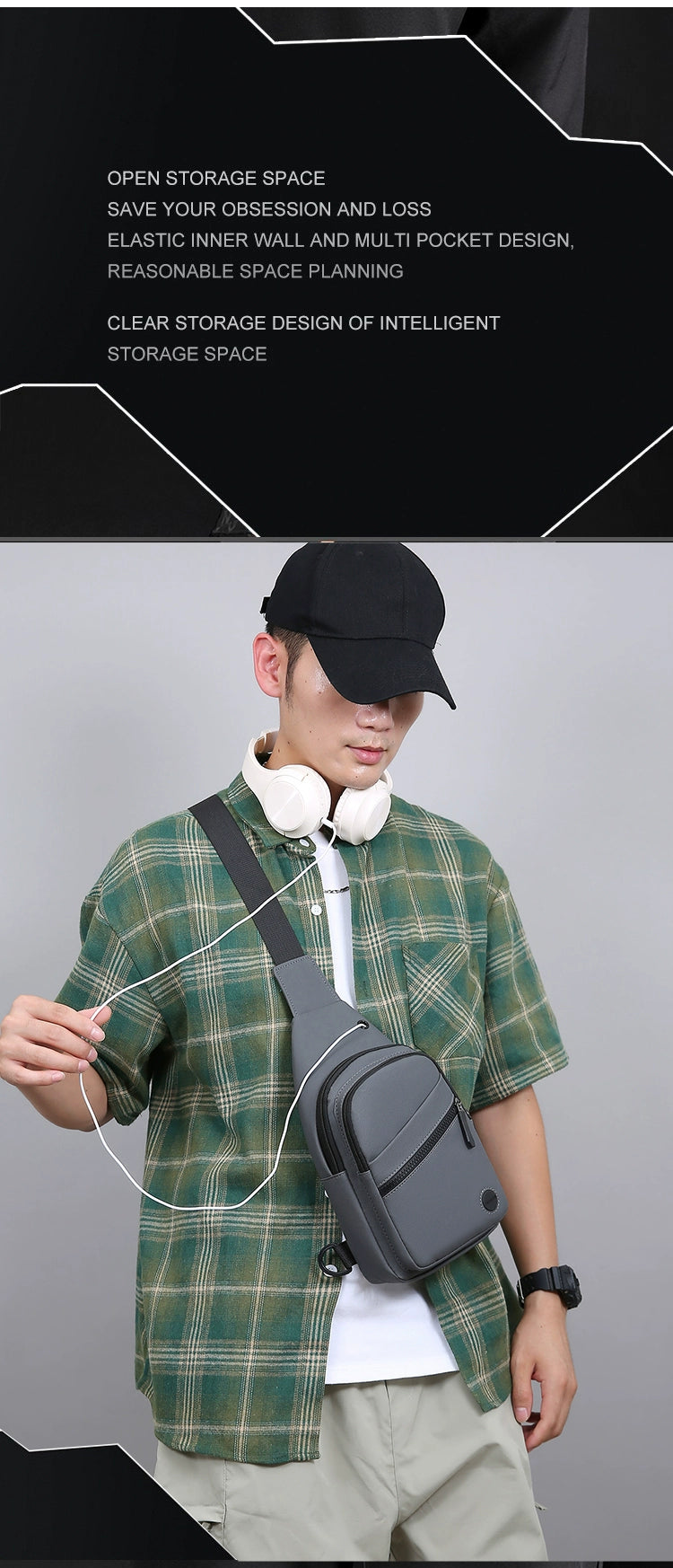 Men Casual Canvas Shoulder Black Chest Pack