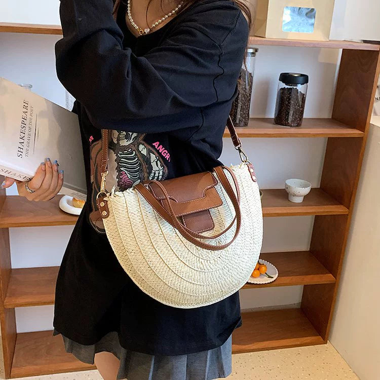French Style Retro Straw Bag Semicircle Underarm Shoulder Messenger Bag Seaside Vacation Beach Woven Bag