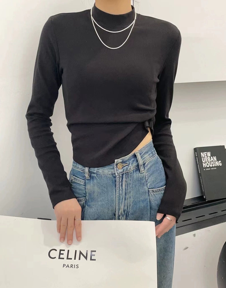 Fall and Winter Elastic Threaded Long Sleeve Silm Short Bottoming Shirt