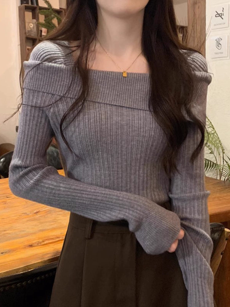 Fancy off-Shoulder Long Sleeve Inner Wear Slim Sweater
