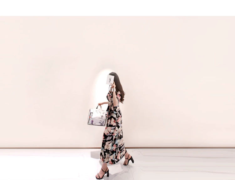 New Spring and Summer One-Piece Print Dress Shoelace Fashion Long Skirt Slim Looking High Elegant V Neck Slim Dress