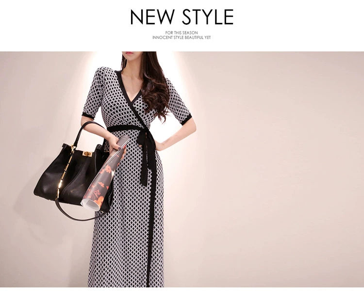 New Spring and Summer One-Piece Print Dress Shoelace Fashion Long Skirt Slim Looking High Elegant V Neck Slim Dress
