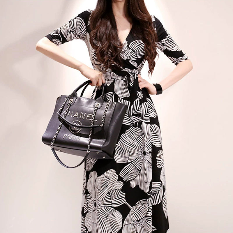 New Spring and Summer One-Piece Print Dress Shoelace Fashion Long Skirt Slim Looking High Elegant V Neck Slim Dress