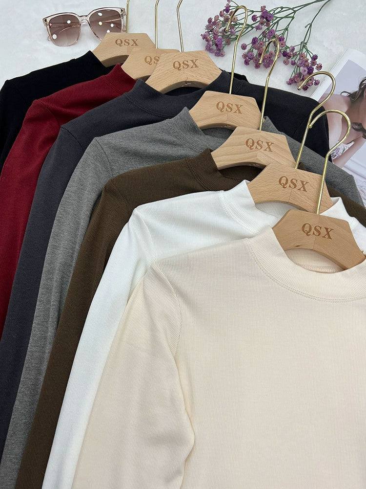 Fall and Winter Elastic Threaded Long Sleeve Silm Short Bottoming Shirt