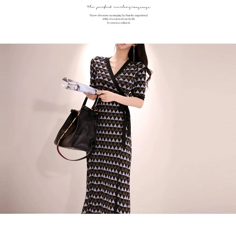 New Spring and Summer One-Piece Print Dress Shoelace Fashion Long Skirt Slim Looking High Elegant V Neck Slim Dress