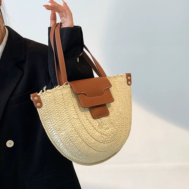 French Style Retro Straw Bag Semicircle Underarm Shoulder Messenger Bag Seaside Vacation Beach Woven Bag