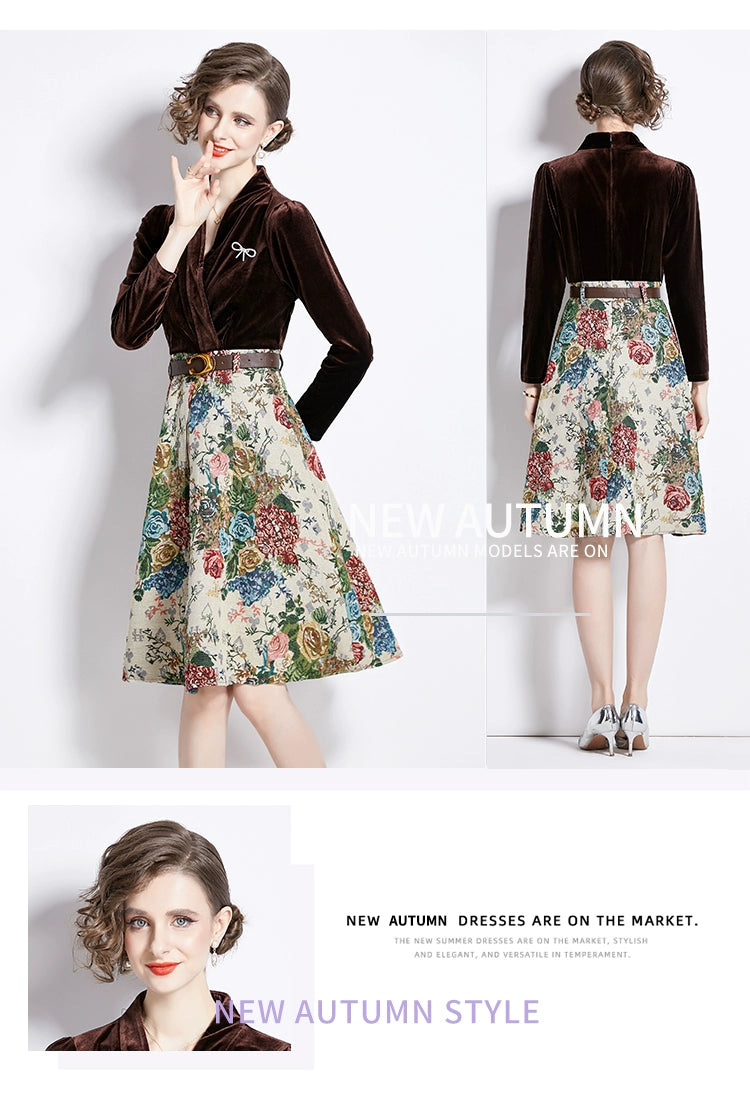 Gold Velvet Jacquard Fake Two-Piece Dress