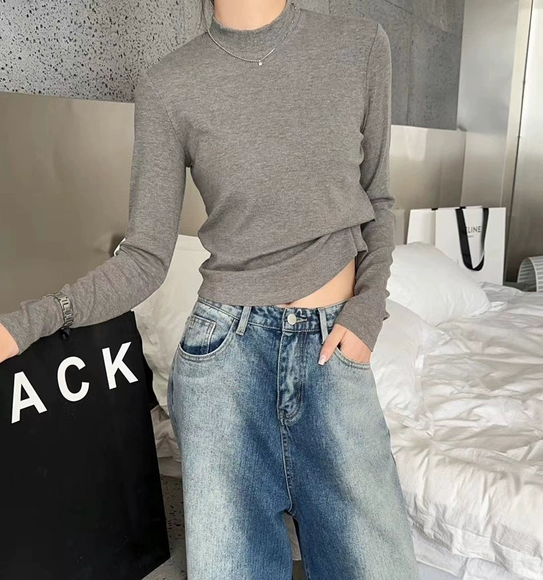 Fall and Winter Elastic Threaded Long Sleeve Silm Short Bottoming Shirt