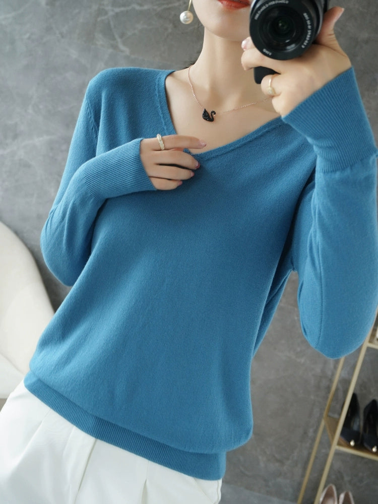 Spring and Autumn V-neck Thin Knitted Fashion Tops Cashmere Sweater