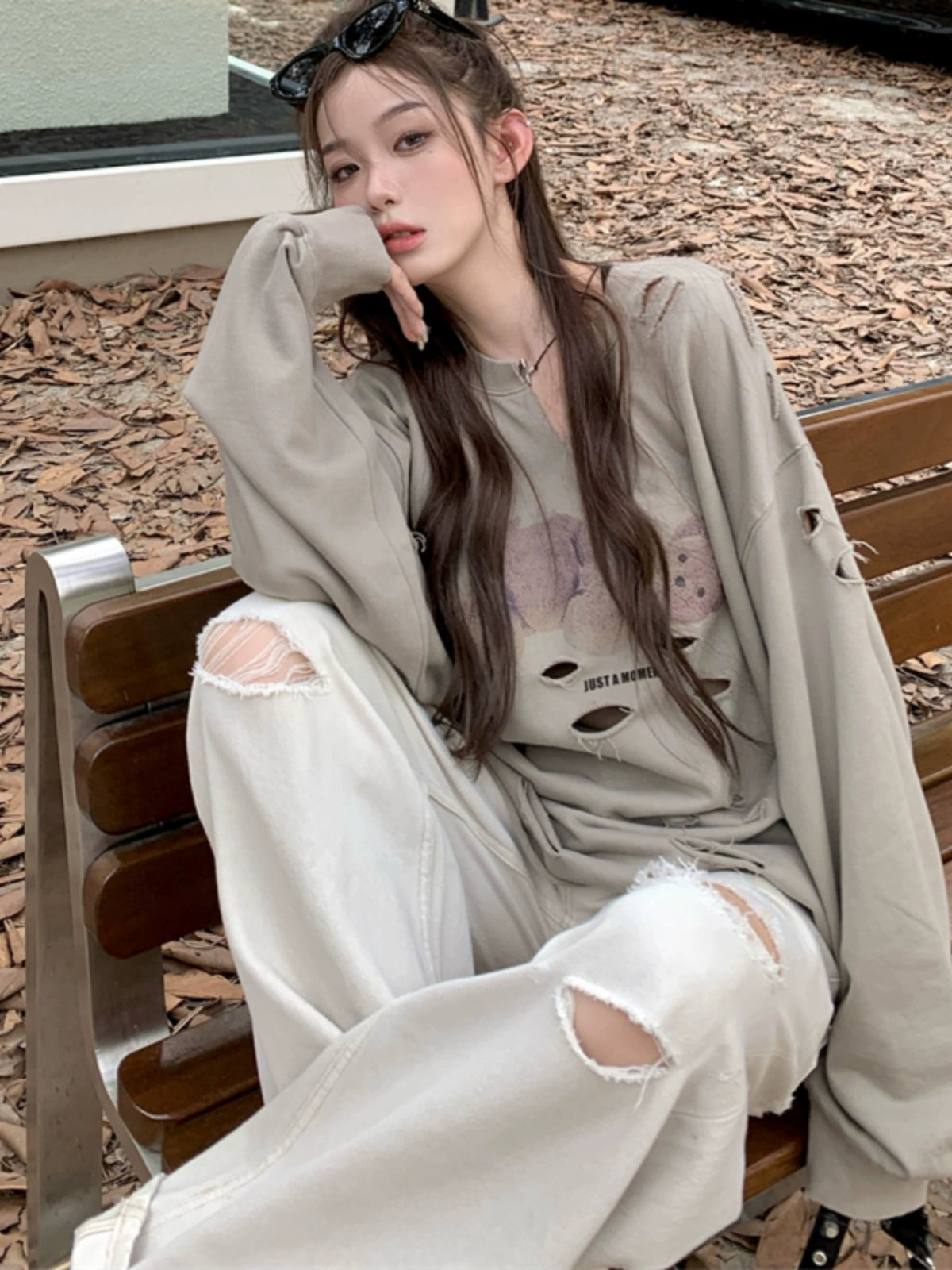 Hong Kong Style Ripped Small V-neck Sexy High Street Long Sleeve T-shirt