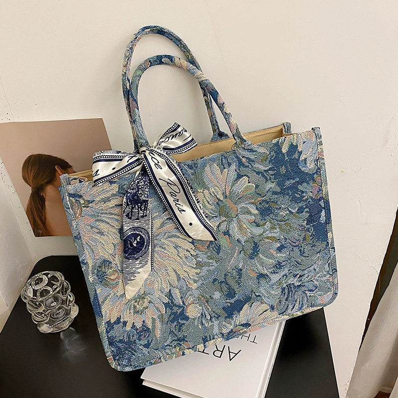 Monet Garden Oil Painting Tote Bag Women 2024 New Trendy Large Capacity Niche Commuter Embroidery Portable Shoulder Bag