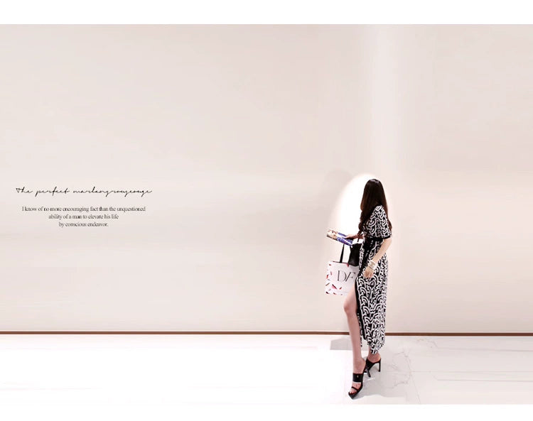 New Spring and Summer One-Piece Print Dress Shoelace Fashion Long Skirt Slim Looking High Elegant V Neck Slim Dress