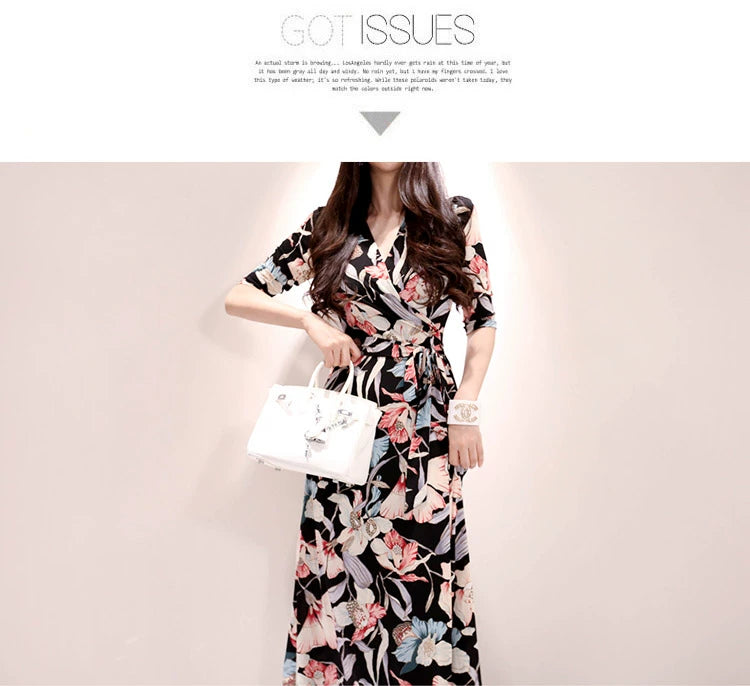 New Spring and Summer One-Piece Print Dress Shoelace Fashion Long Skirt Slim Looking High Elegant V Neck Slim Dress