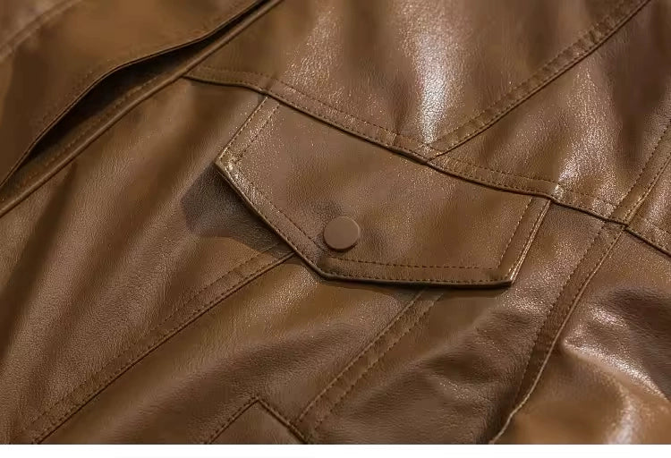 American Fashion Brand Retro Biker's PU Leather Coat Jacket Men's Autumn Leisure Loose Lapels Couple Coat Japanese Style Tops