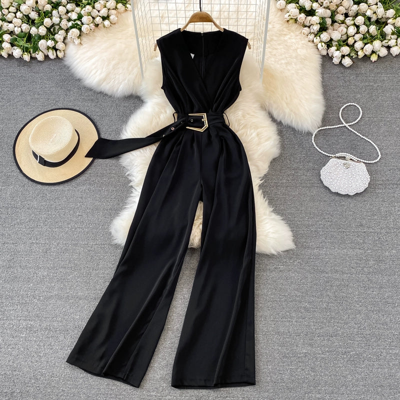 K-style V Neck High Waist Fashion Casual Drooping Wide Leg Pants