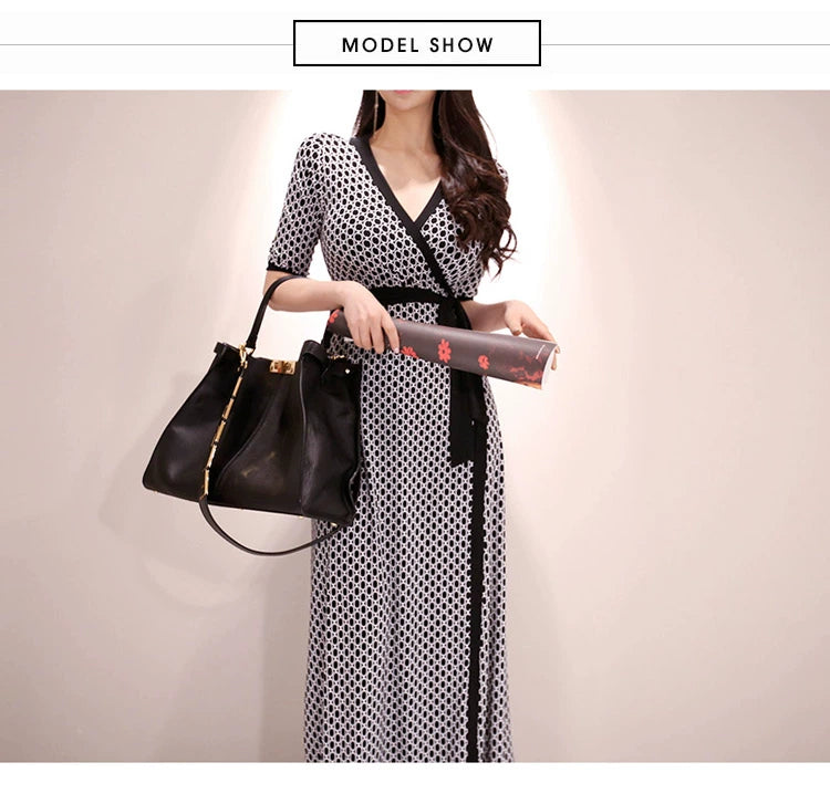 New Spring and Summer One-Piece Print Dress Shoelace Fashion Long Skirt Slim Looking High Elegant V Neck Slim Dress