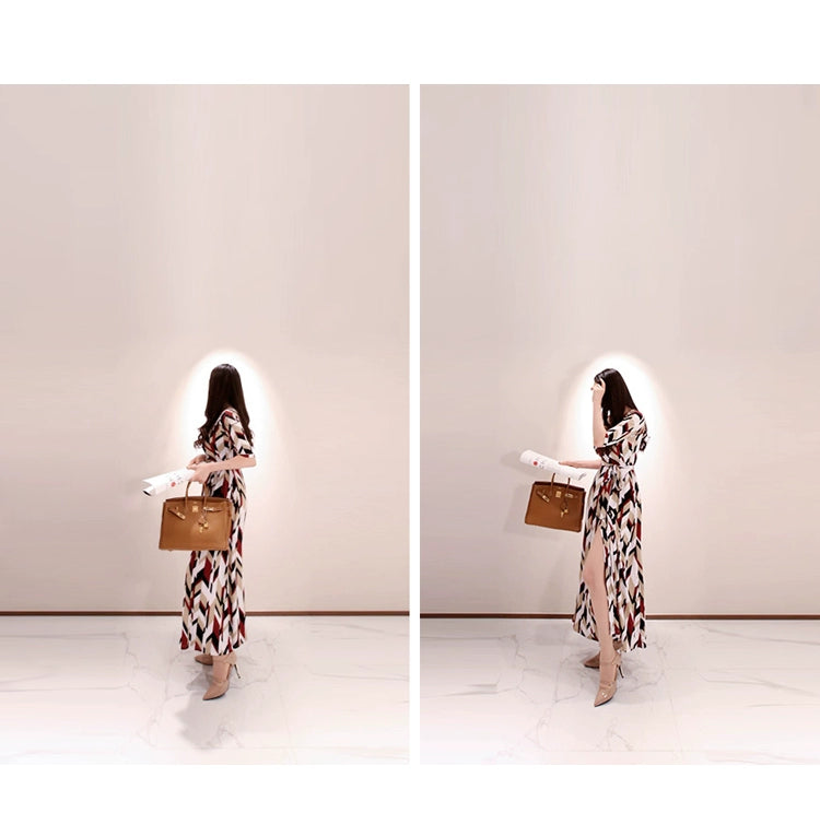 New Spring and Summer One-Piece Print Dress Shoelace Fashion Long Skirt Slim Looking High Elegant V Neck Slim Dress