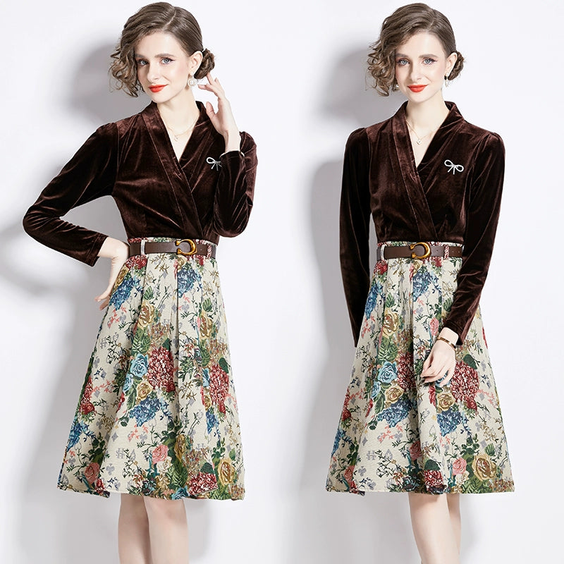 Gold Velvet Jacquard Fake Two-Piece Dress