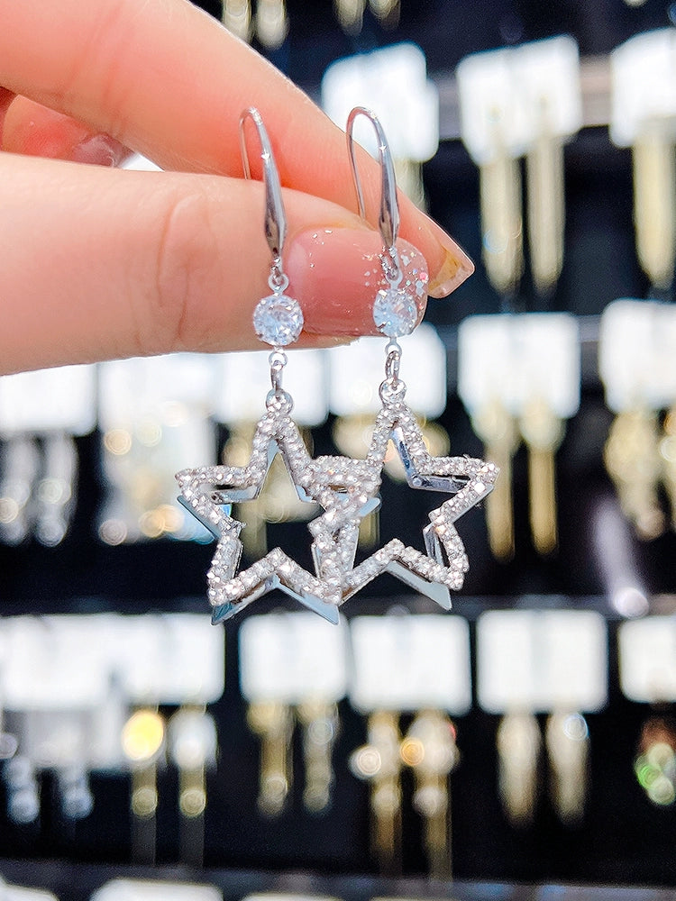 Full Diamond Eardrops Temperament Wild Five-Pointed Star Female Sterling Silver Needle
