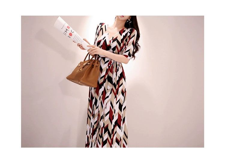 New Spring and Summer One-Piece Print Dress Shoelace Fashion Long Skirt Slim Looking High Elegant V Neck Slim Dress