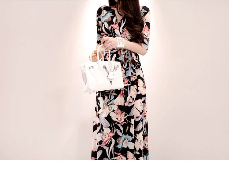 New Spring and Summer One-Piece Print Dress Shoelace Fashion Long Skirt Slim Looking High Elegant V Neck Slim Dress