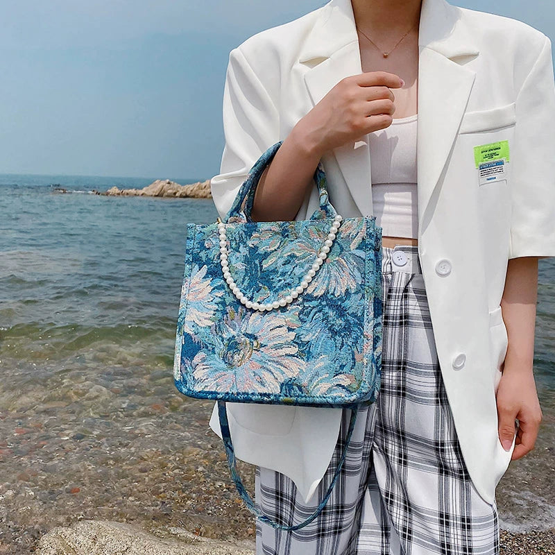 Monet Garden Oil Painting Tote Bag Women 2024 New Trendy Large Capacity Niche Commuter Embroidery Portable Shoulder Bag