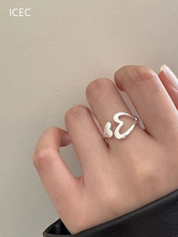 S925 Sterling Silver Heart-Shaped Hollow Ring Korean Series Simple Cold Style Niche Design Open Adjustable Diet Finger Ring